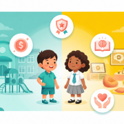 Split design of government and private childcare in Singapore, with children and icons between.