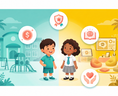 Split design of government and private childcare in Singapore, with children and icons between.