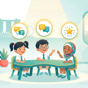 Three Asian children at a teal table with icons for bilingualism, coding, intelligences in a bright Singapore preschool.
