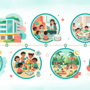 Timeline of daily activities at a Singapore childcare, from morning to pickup, with vibrant icons.