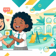 Two joyful Singapore preschoolers, diverse backgrounds, sharing toys outdoors in a vibrant, modern play area.