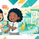 Two joyful Singapore preschoolers, diverse backgrounds, sharing toys outdoors in a vibrant, modern play area.