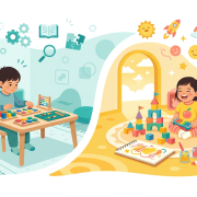 Two scenes: child learning with materials, child playing with blocks in vibrant colors.