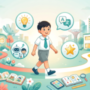 Young Asian child in uniform transitions from preschool to primary school, with Singapore skyline backdrop.