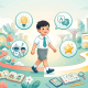 Young Asian child in uniform transitions from preschool to primary school, with Singapore skyline backdrop.