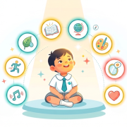 Young Asian child with icons of multiple intelligences, vibrant flat design.
