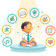 Young Asian child with icons of multiple intelligences, vibrant flat design.