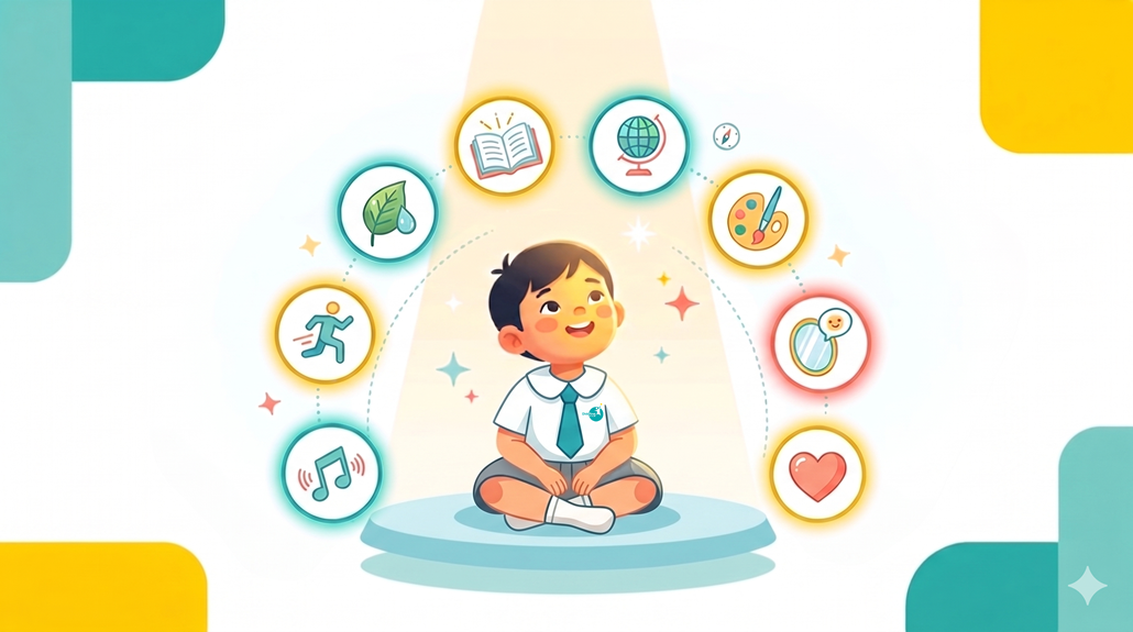 Young Asian child with icons of multiple intelligences, vibrant flat design.