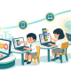 Young Asian children at desks learning with tablets and laptops, symbolizing tech education.
