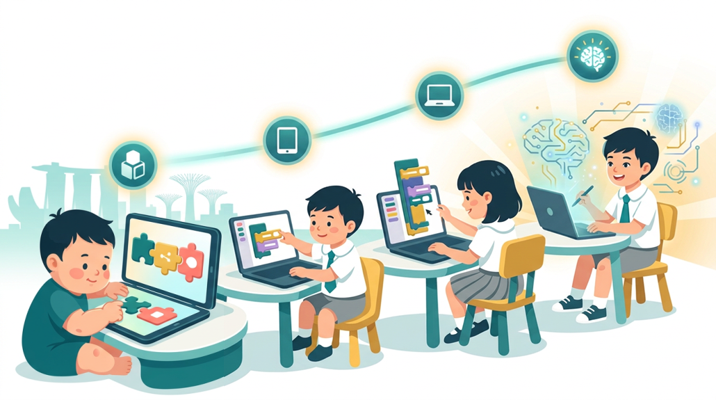 Young Asian children at desks learning with tablets and laptops, symbolizing tech education.